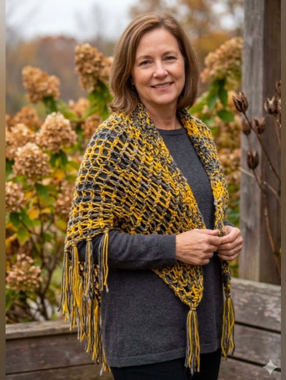 Hand Knit Acrylic Triangle Shawl Wrap Scarf With FRINGE Tassels Gold Gray